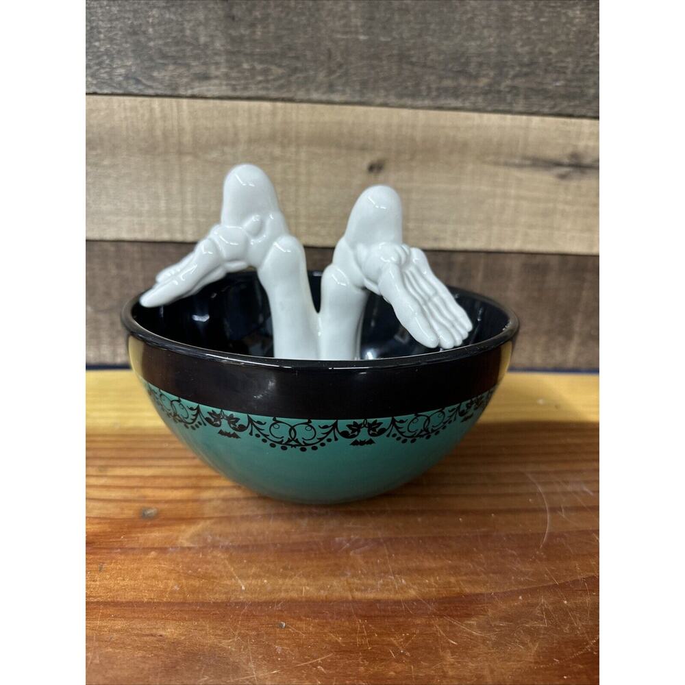 Totally Ghoul Vintage Emerald Black Skeleton Feet Halloween 8 inch Candy Bowl